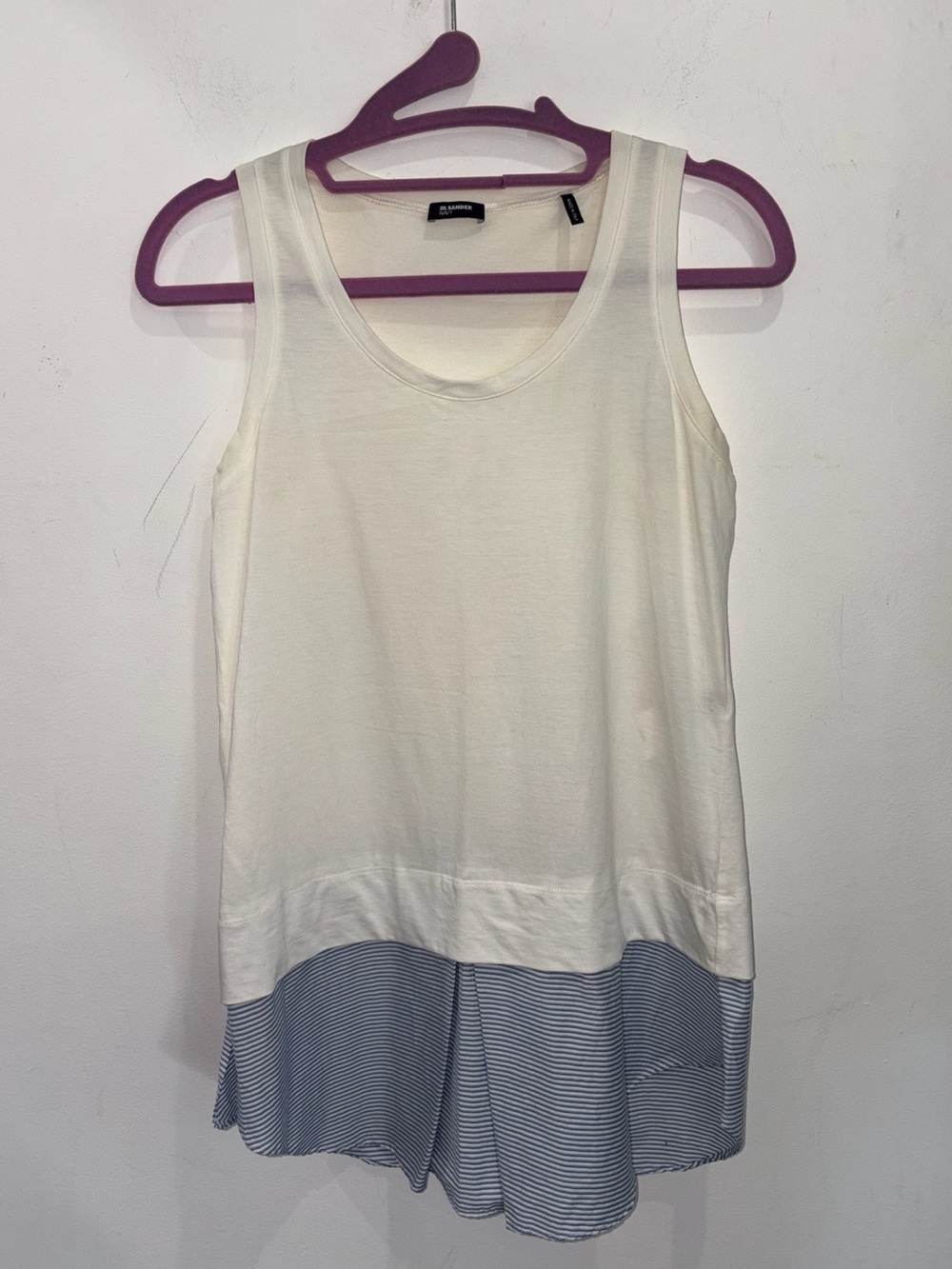 Jil Sander White Tank with Blue Striped Hem